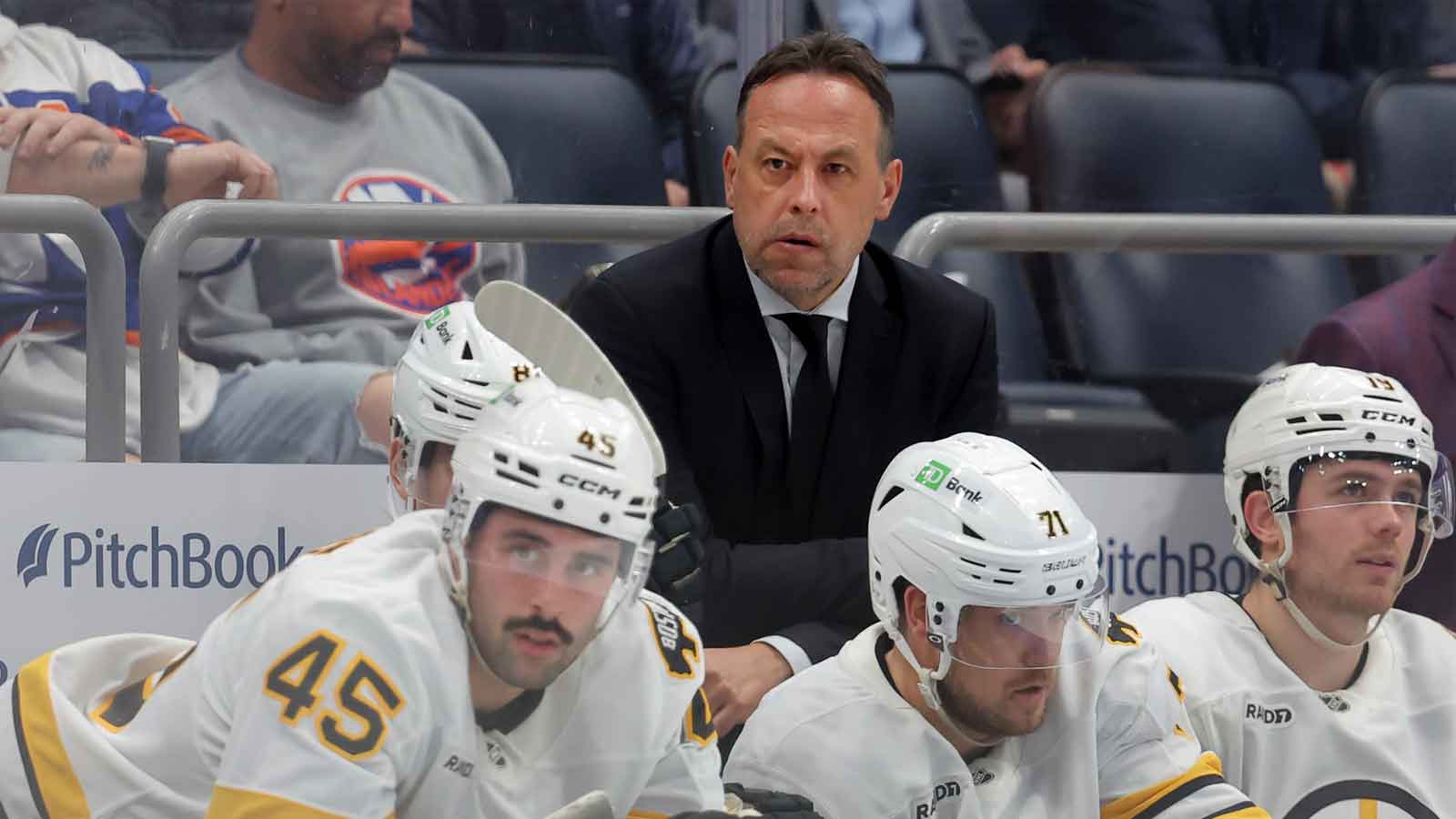 Boston Bruins head coach Marco Sturm coaches against the New York Islanders during the second period at UBS Arena. 