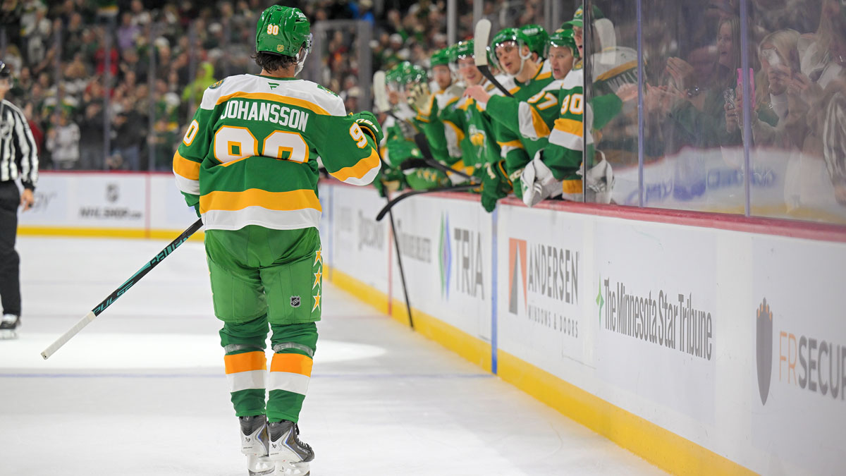 Minnesota Wild forward Marcus Johansson (90) celebrates his power play goal against the Utah Mammoth during the second period at Grand Casino Arena.
