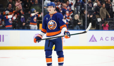 New York Islanders defenseman Matthew Schaefer (48) and Boston Bruins right wing David Pastrnak (88) battle for control of the puck in the third period at UBS Arena.