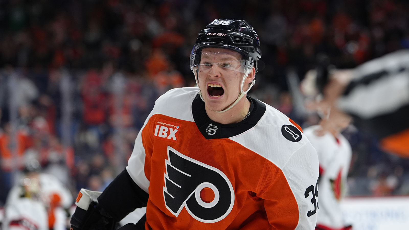Philadelphia Flyers right wing Matvei Michkov (39) reacts after scoring a goal against the Ottawa Senators in the second period at Xfinity Mobile Arena.