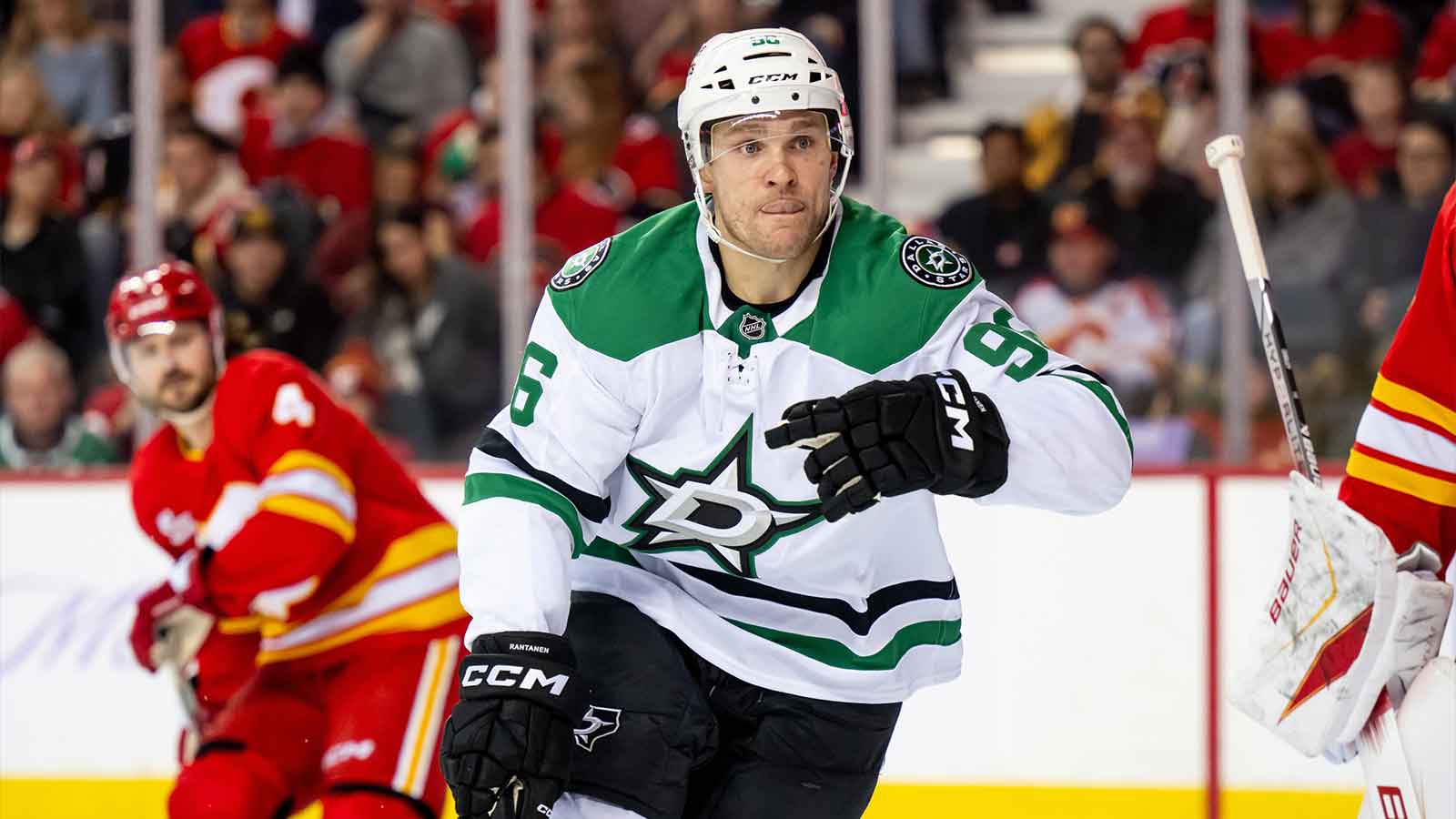 Dallas Stars right wing Mikko Rantanen (96) in action against the Calgary Flames during the second period at Scotiabank Saddledome.