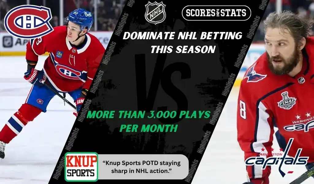 NHL promo graphic featuring Montreal Canadiens and Washington Capitals players with team logos and Scores and Stats branding, highlighting betting picks and predictions for their November 20, 2025 matchup.