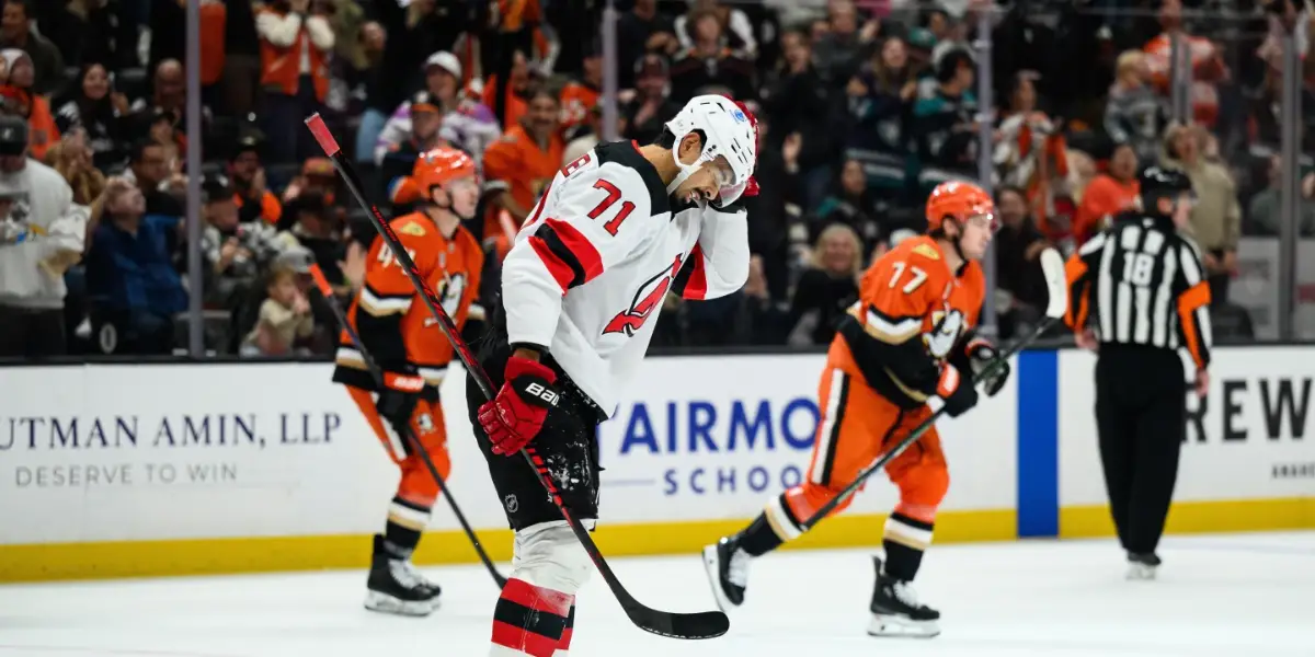 Jonas Siegenthaler reacts after the New Jersey Devils allowed a first-period goal to the Anaheim Ducks.