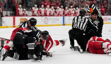 Jesper Bratt and Jonas Siegenthaler get the takedowns for the New Jersey Devils in a postgame scrum against the Detroit Red Wings on Monday, Nov. 24.