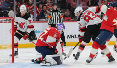 Sergei Bobrovsky makes a save against Juho Lammikko and the New Jersey Devils on Thursday night at Amerant Bank Arena.