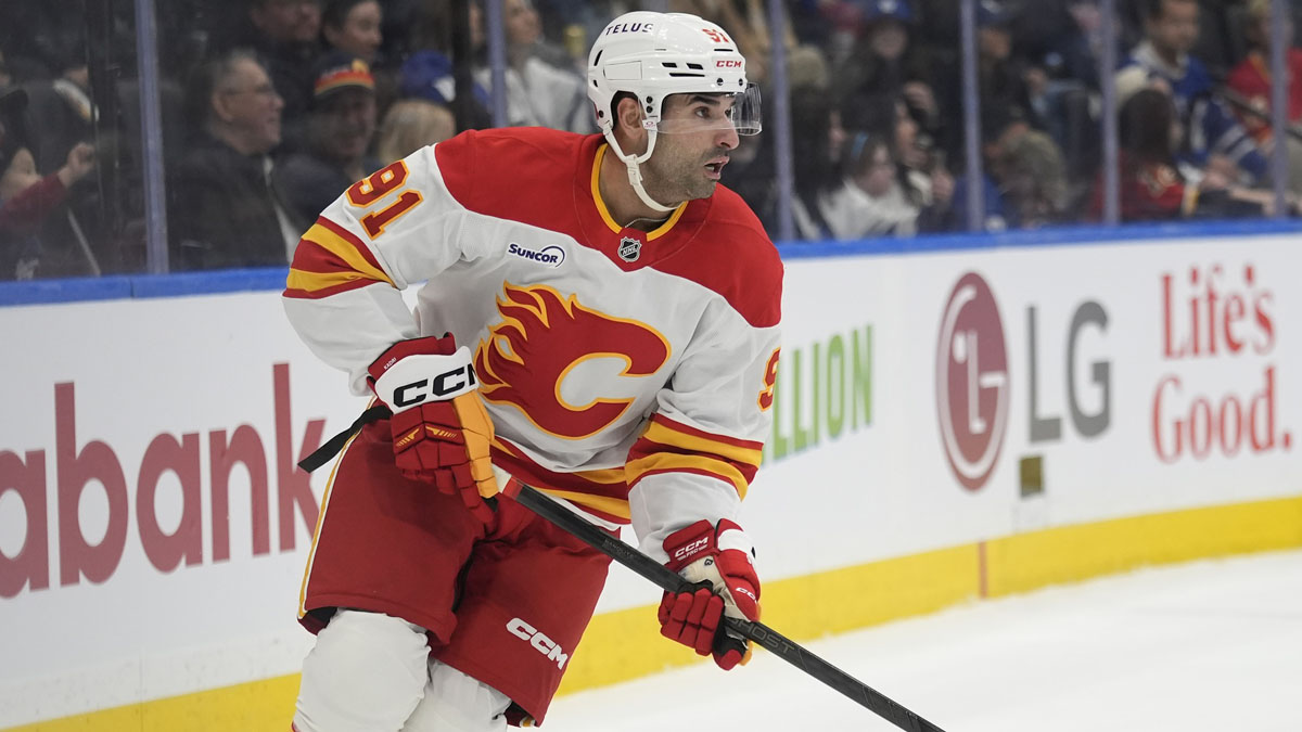 Calgary Flames forward Nazem Kadri (91) carries the puck against the Toronto Maple Leafs during the first period at Scotiabank Arena.