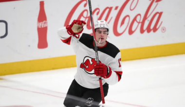 New Jersey Devils' defenseman, Simon Nemec, celebrates his game-winning shootout goal against the Washington Capitals on Saturday, Nov. 15, 2025.