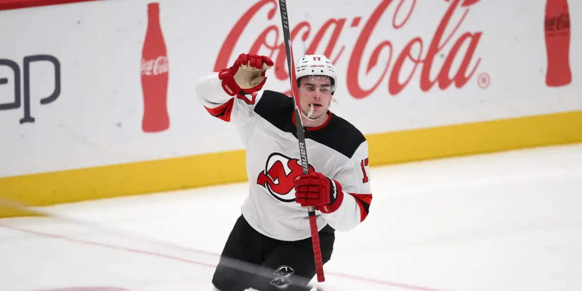 New Jersey Devils' defenseman, Simon Nemec, celebrates his game-winning shootout goal against the Washington Capitals on Saturday, Nov. 15, 2025.