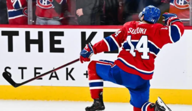 Nick Suzuki celebrating a goal for the Montreal Canadiens