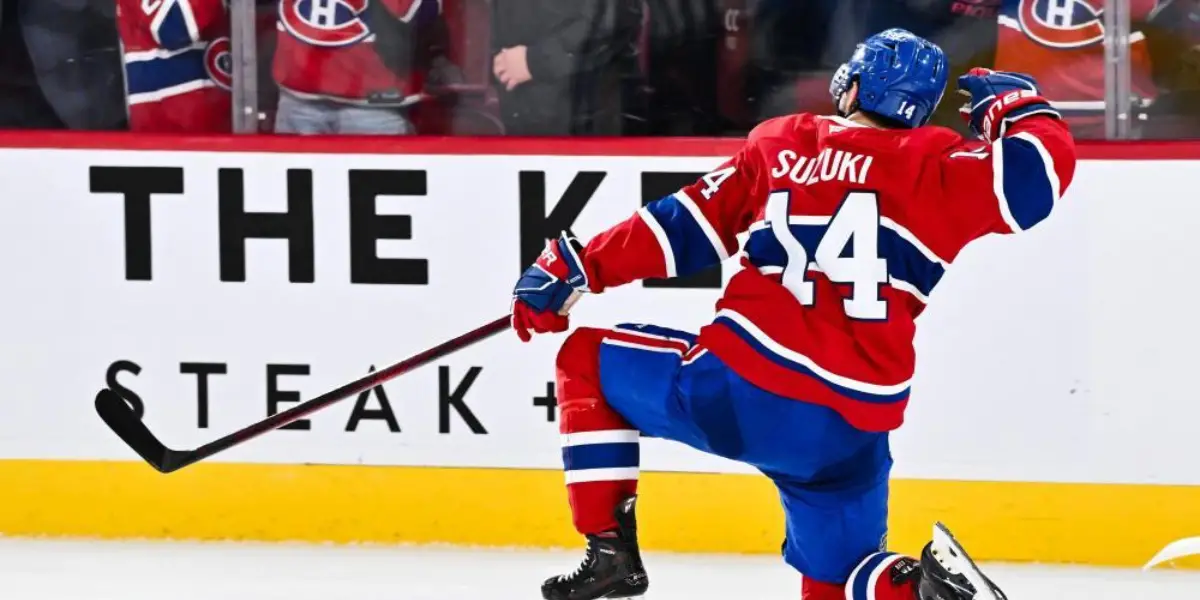 Nick Suzuki celebrating a goal for the Montreal Canadiens