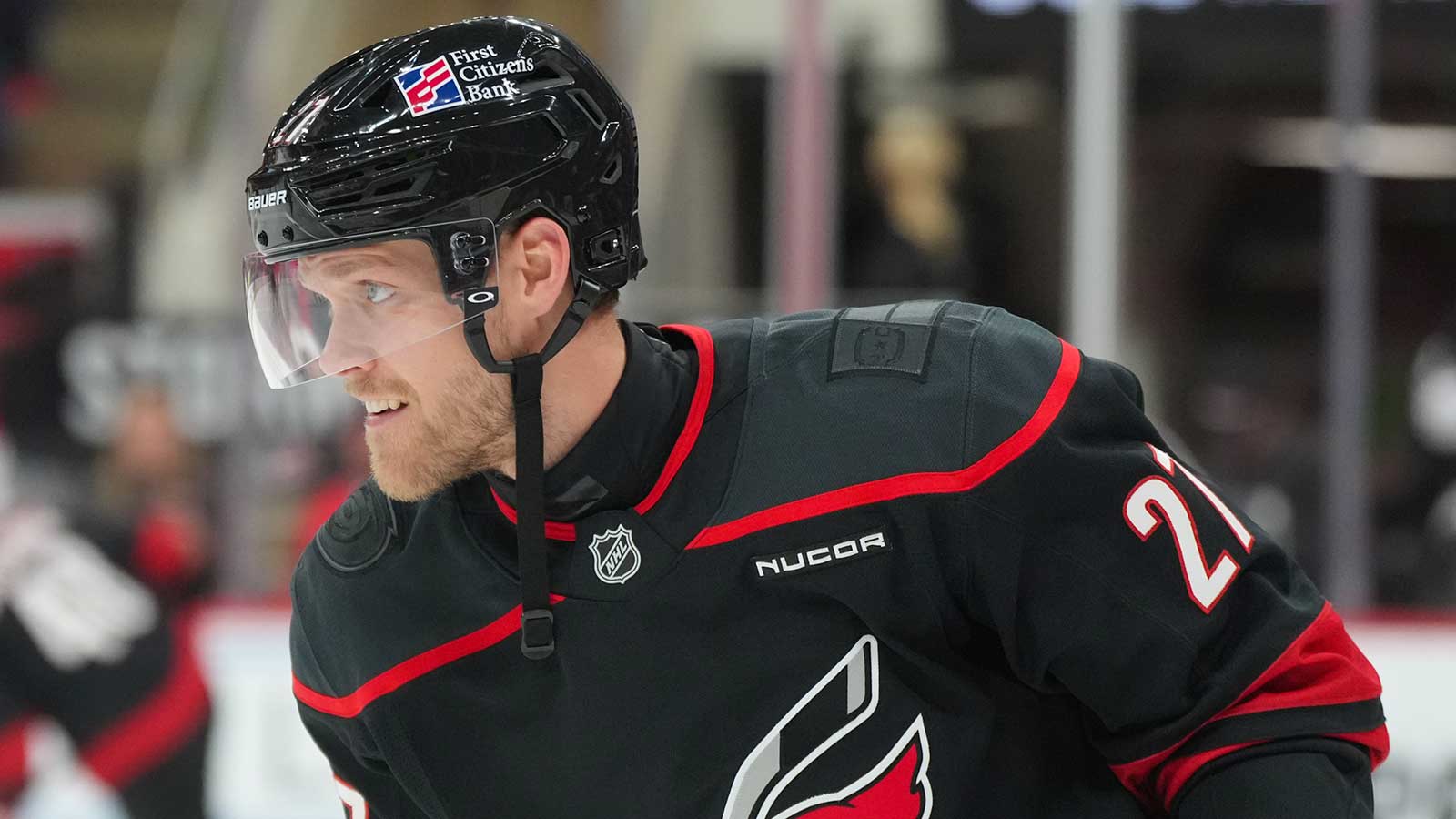 Carolina Hurricanes left wing Nikolaj Ehlers (27) looks on during the warmups before the game against the Washington Capitals at Lenovo Center.