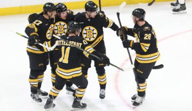 The Bruins celebrated Morgan Geekie's 18th goal of the season in Friday's 6-2 loss against the Rangers.