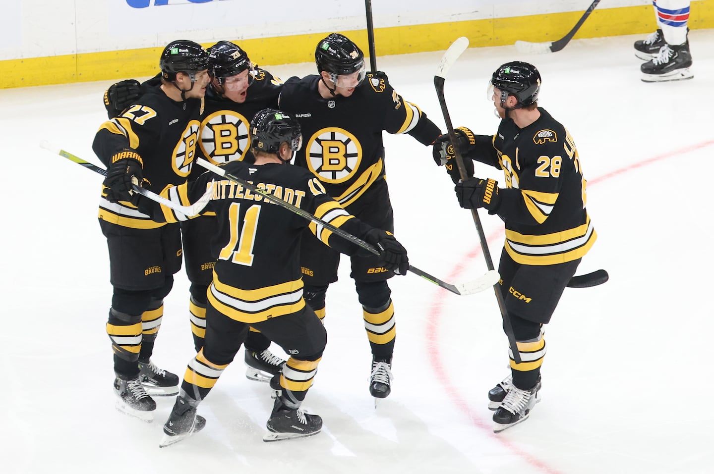 The Bruins celebrated Morgan Geekie's 18th goal of the season in Friday's 6-2 loss against the Rangers.
