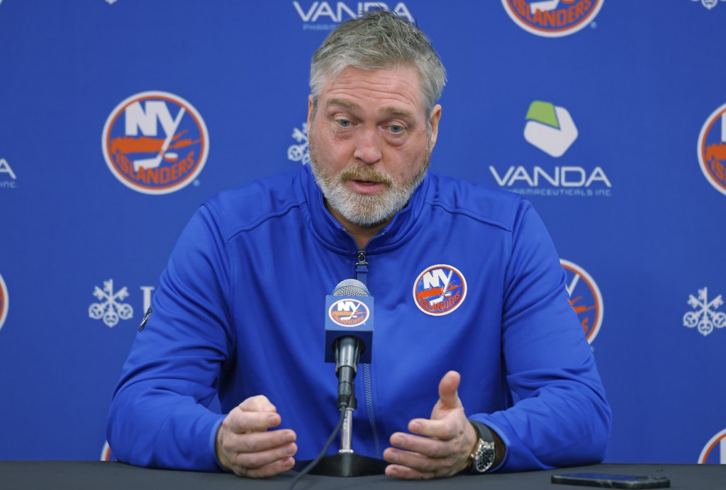Islanders coach Patrick Roy talks with the media earlier in the week.