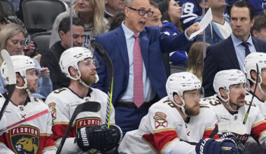 Mikko Rantanen, Braeden Bowman, Leo Carlsson and Connor Hellebuyck on one side, Florian Xhekaj, Alexander Romanov, Adam Fox and Logan Thompson on other side, NHL logo in middle, hockey rink in background, Text: Week 8 NHL Power Rankings