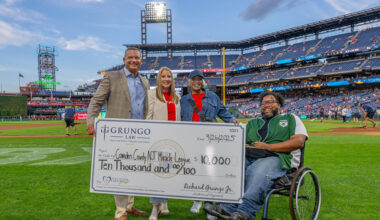 Ahead of the Phillies' Sept. 26, 2025, game against the Minnesota Twins, Grungo Law gave a $10,000 donation check to the Camden County New Jersey Miracle League.