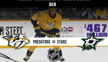 An NHL game preview featuring the Predators vs. Stars, with player action on ice and game details highlighted.