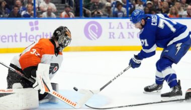 Lightning center Anthony Cirelli scores past Flyers goaltender Sam Ersson during Monday's game in Tampa.