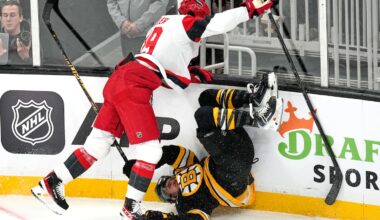 David Pastrnak was upended on a check by Hurricanes left wing William Carrier in the first period at TD Garden.