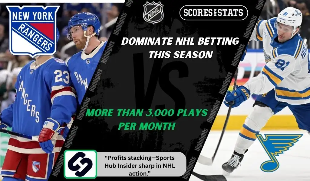 New York Rangers and St. Louis Blues players featured in a matchup graphic promoting NHL picks and predictions for November 24, 2025, with ScoresAndStats branding