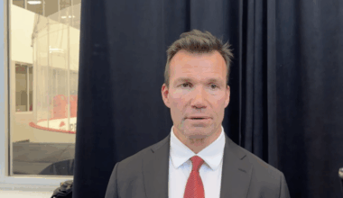 Blackhawks head coach Luke Richardson addresses the media after the first day of training camp.