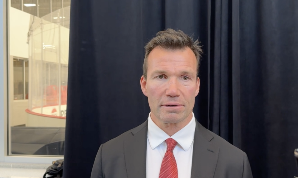 Blackhawks head coach Luke Richardson addresses the media after the first day of training camp.