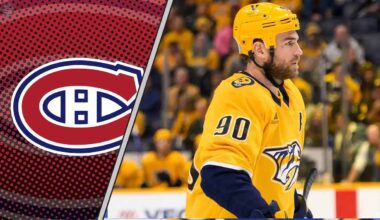 Ryan O'Reilly getting ready for a faceoff as Montreal Canadiens scouts look on