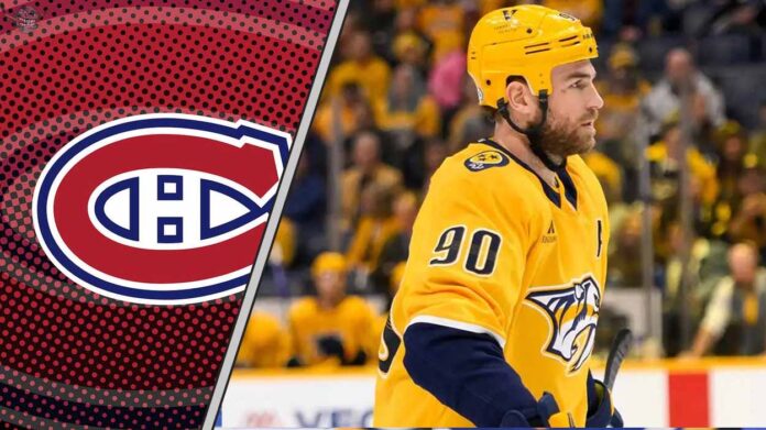 Ryan O'Reilly getting ready for a faceoff as Montreal Canadiens scouts look on