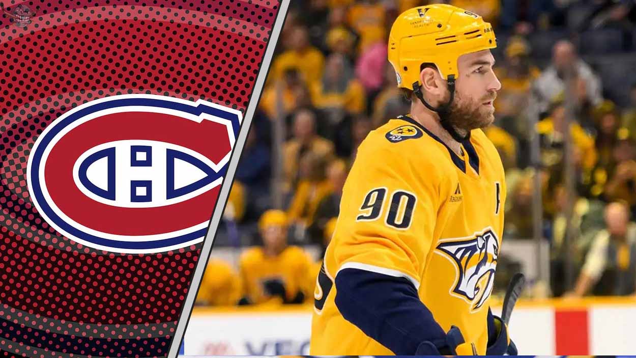 Ryan O'Reilly getting ready for a faceoff as Montreal Canadiens scouts look on