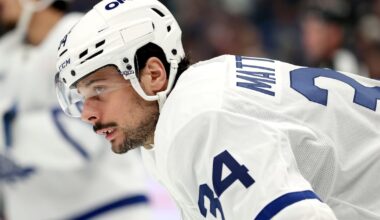 Matthews, Knies, Roy skating in grey jerseys at Leafs practice