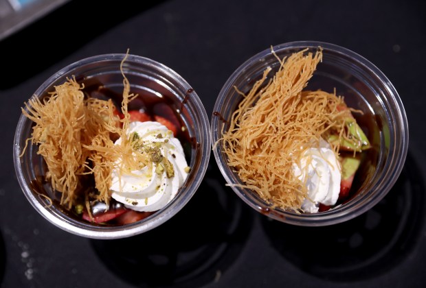 Dubai cups with fresh strawberries, dark chocolate, pistachio tahini, kataifi...