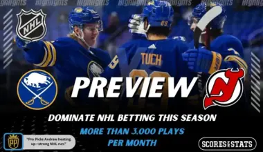 Buffalo Sabres vs New Jersey Devils NHL preview graphic for November 28, 2025 featuring players celebrating and both team logos.