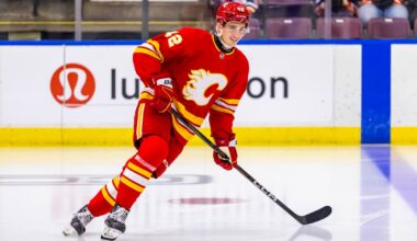 Flames rookie forward Sam Honzek leaves Saturday’s game after collision with Mikael Backlund