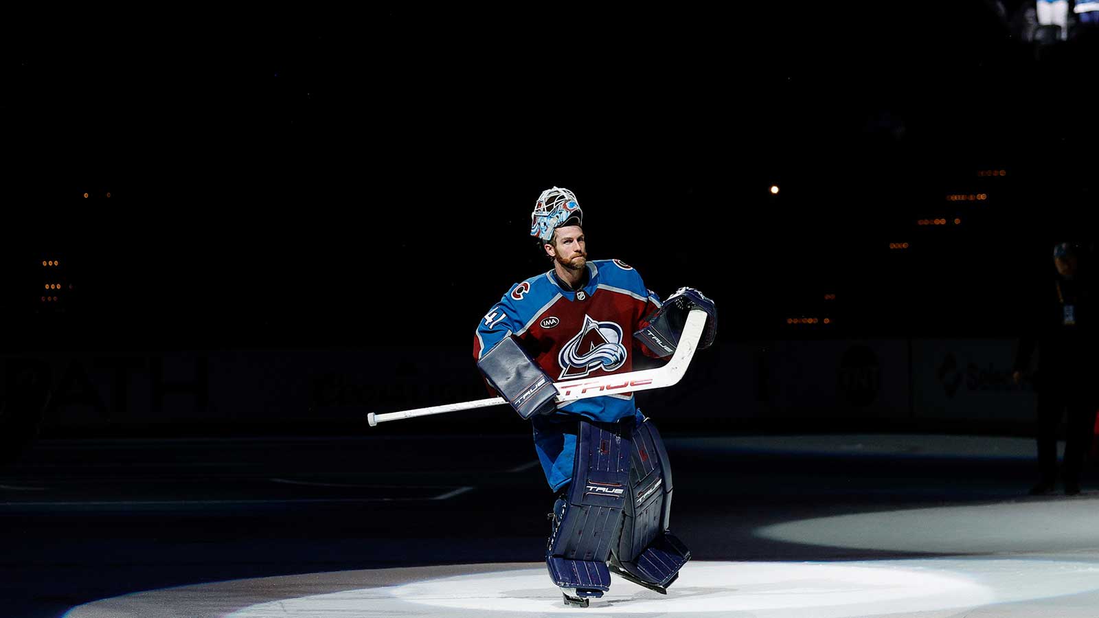 Colorado Avalanche goaltender Scott Wedgewood (41) skates out for fans after the game against the Anaheim Ducks at Ball Arena. 