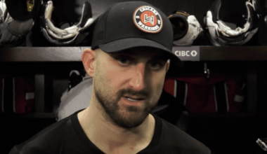 Nick Foligno #17, Chicago Blackhawks addresses media postgame on Oct. 22