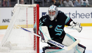 Seattle Kraken Philipp Grubauer tends the net 2025...