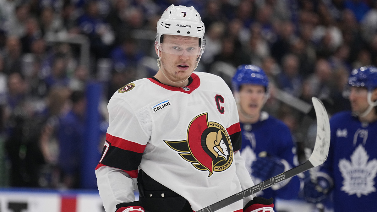 Ottawa Senators forward Brady Tkachuk (7) during a break in the action against the Toronto Maple Leafs during the second period of game one of the first round of the 2025 Stanley Cup Playoffs at Scotiabank Arena.