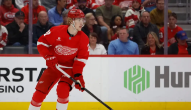 Simon Edvinsson skating for the Detroit Red Wings