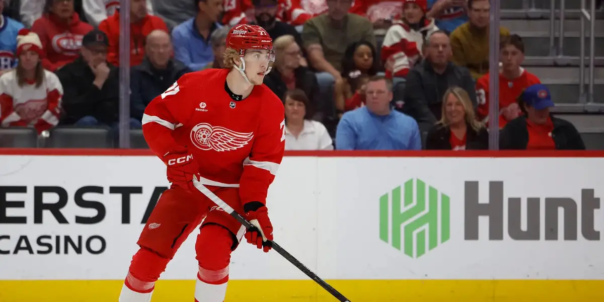 Simon Edvinsson skating for the Detroit Red Wings