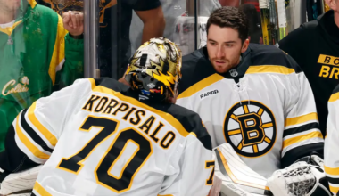 Jeremy Swayman and Joonas Korpisalo on the Boston Bruins bench