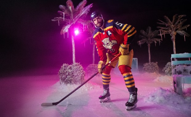 Florida Panthers' star Aaron Ekblad in the uniform the team will wear in the NHL Winter Classic on Jan. 2 at loanDepot Park in Miami. (Florida Panthers/Courtesy)