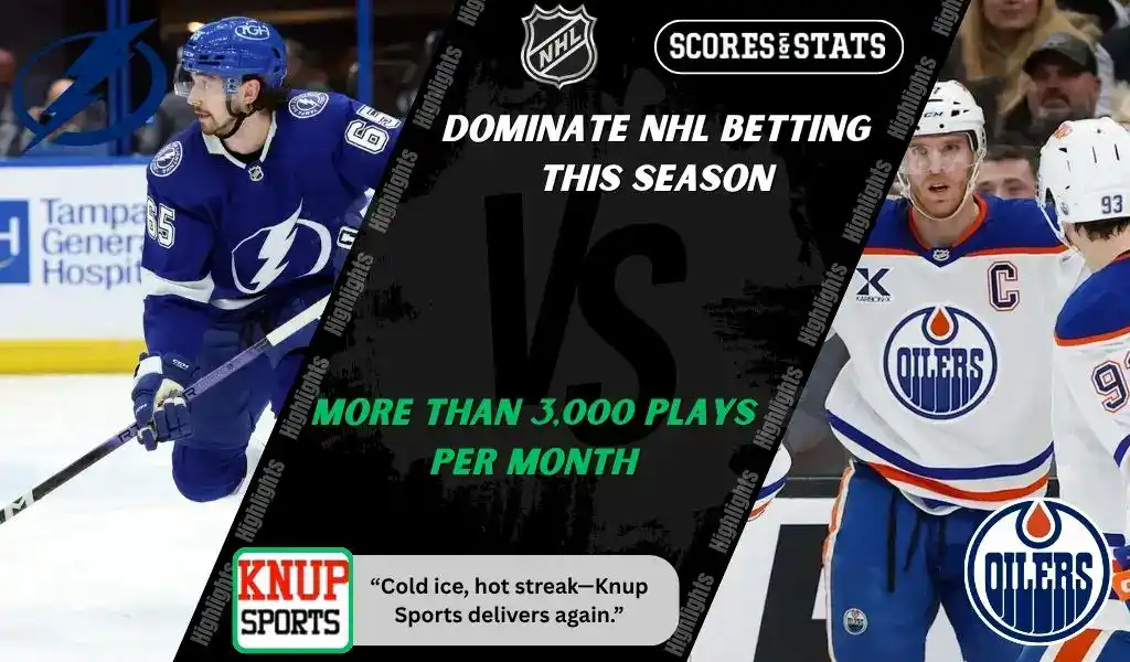 NHL promo graphic featuring Tampa Bay Lightning and Edmonton Oilers players with team logos and Scores and Stats branding, highlighting betting picks and predictions for their November 20, 2025 matchup.
