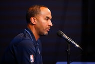 Dallas Mavericks general manager Nico Harrison answers questions during a press conference...