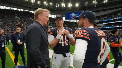 Oct 13, 2024; London, United Kingdom; NFL commissioner Roger Goodell (left) talks with Chicago Bears long snapper Scott Daly (46) and place kicker Cairo Santos (8) before the game against the Jacksonville Jaguars during an NFL International Series game at Tottenham Hotspur Stadium.