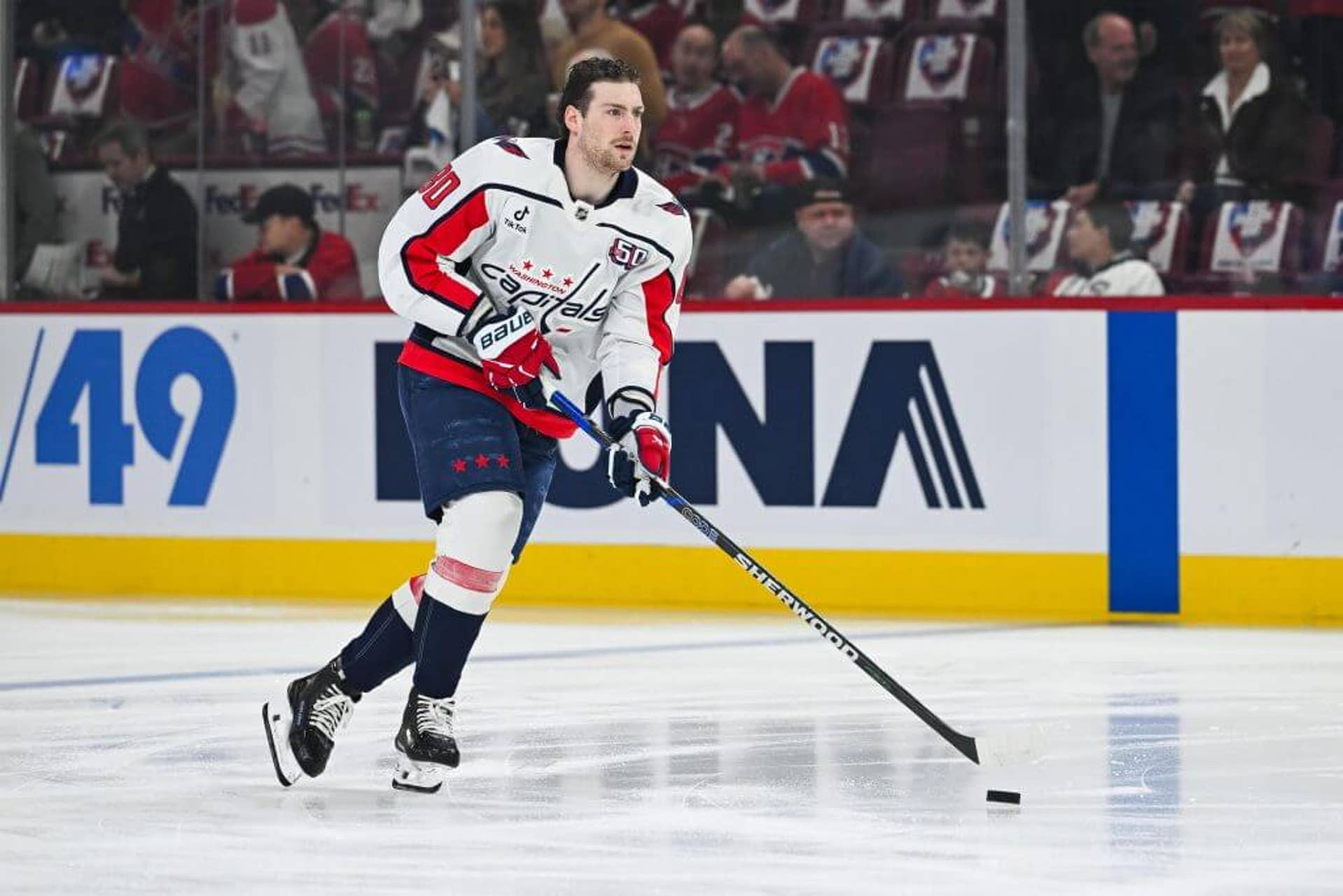 Pierre-Luc Dubois skates during warmups.