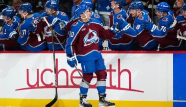 Colorado Avalanche center Ross Colton (20) celebrates his goal scored in the first period against the Utah Mammoth at Ball Arena. Mandatory Credit: Ron Chenoy-Imagn Images