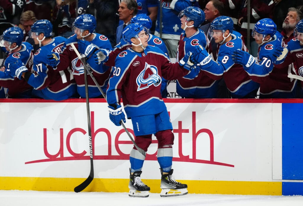 Colorado Avalanche center Ross Colton (20) celebrates his goal scored in the first period against the Utah Mammoth at Ball Arena. Mandatory Credit: Ron Chenoy-Imagn Images
