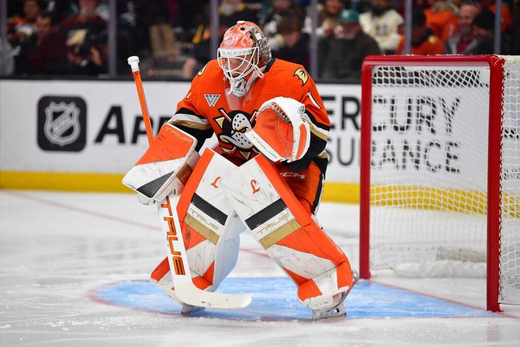 Lukas Dostal crouches in his net.