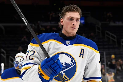Buffalo Sabres forward Tage Thompson reacts before 2025 game. Buffalo Sabres forward Tage Thompson reacts before 2025 game.