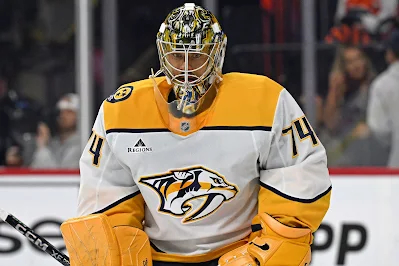 Nashville Predators goaltender Juuse Saros reacts during 2025 game. Nashville Predators goaltender Juuse Saros reacts during 2025 game.